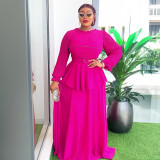 Plus Size African Women ruffle patchwork pleated long-sleeved dress