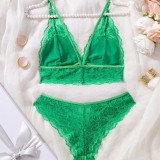 Sexy green lace triangle cup comfortable breathable open crotch panties two-piece lingerie set