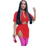 Women's fashion sexy solid color button Crop Shirt split skirt two-piece set