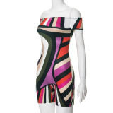 Women's summer off shoulder slim multi-color printed Jumpsuit