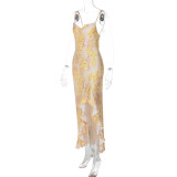 Summer women's sexy chic printed strap slit ruffle long dress