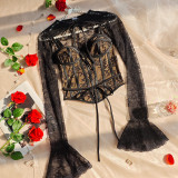 Lace sexy mesh low back long sleeve see-through slim fit women's top