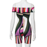 Women's summer off shoulder slim multi-color printed Jumpsuit