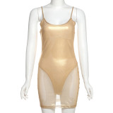 Spring Summer women's sexy see-through high waist slim solid color strap dress