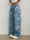 Street fashion printed loose straight wide leg denim trousers