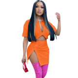 Women's fashion sexy solid color button Crop Shirt split skirt two-piece set