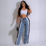 Women's street fashion leopard print patchwork straight denim trousers