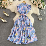 summer stand collar slim waist printed a-line high waist elegant chic long dress
