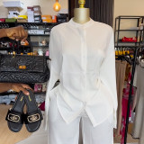 Women's summer round neck loose casual long sleeve shirt and wide leg trousers set