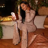 Women Style printed mesh half-high collar long-sleeved Top and trousers two-piece set