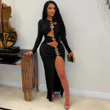 Fashionable Solid Color Slim sexy hollow slit long dress