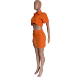 Women's fashion sexy solid color button Crop Shirt split skirt two-piece set