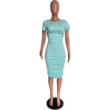 Spring Summer fashionable solid color round neck back hollow midi dress