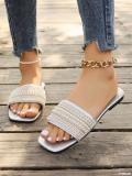 Plus Size women's square toe rhinestone beach sandals beaded flat bottom flip flops slipper