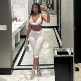 Women Halter Neck Backless Lace Tank Top and Solid Cropped Pants two-piece set