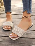 Plus Size women's square toe rhinestone beach sandals beaded flat bottom flip flops slipper