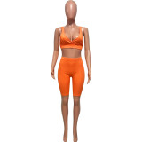Summer fashionable beach holidays casual ribbed solid color two-piece shorts set