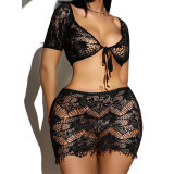 Short-sleeved off shoulder sexy mesh lace-up skirt set bright color lingerie