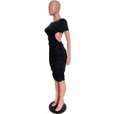 Spring Summer fashionable solid color round neck back hollow midi dress