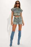 Women's fashion casual elastic denim color matching two-piece shorts set