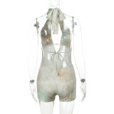Summer tight fitting printed hollow low back shorts jumpsuit