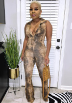 Women's Fashionable snake print V-neck tight fitting wide leg jumpsuit