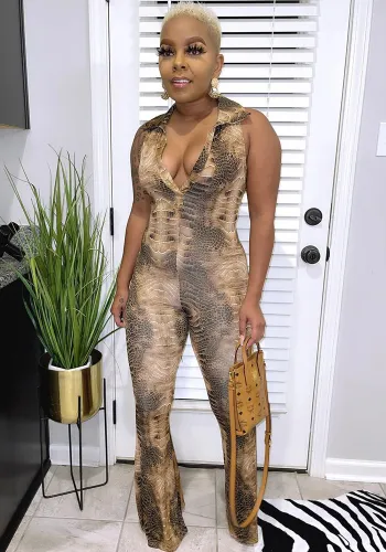 Women's Fashionable snake print V-neck tight fitting wide leg jumpsuit