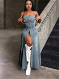 Fashionable chic single-breasted strap denim maxi dress