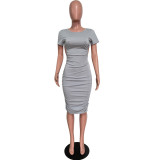 Spring Summer fashionable solid color round neck back hollow midi dress