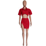 Women's fashion sexy solid color button Crop Shirt split skirt two-piece set