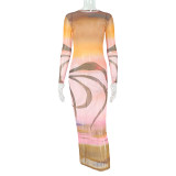 Fashion women's print round neck long sleeve micro-transparent bodycon dress