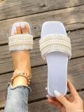 Plus Size women's square toe rhinestone beach sandals beaded flat bottom flip flops slipper