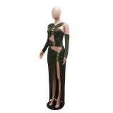 Fashionable Solid Color Slim sexy hollow slit long dress