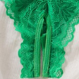 Sexy green lace triangle cup comfortable breathable open crotch panties two-piece lingerie set