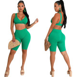Summer fashionable beach holidays casual ribbed solid color two-piece shorts set