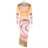Fashion women's print round neck long sleeve micro-transparent bodycon dress