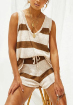 Summer fashion casual deep V-neck knitting vest and shorts two-piece set