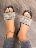 Plus Size women's square toe rhinestone beach sandals beaded flat bottom flip flops slipper
