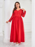 Plus Size Women Solid V-neck Long Sleeve Elegant Mesh Maxi Dress
