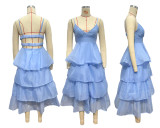Women sexy Backless suspenders pleated lace dress
