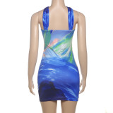 Women Spring Summer Style Contrast Print Sexy Hollow Halter Neck Dress