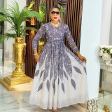 Plus Size African Women Long Sleeve Elegant Print Chiffon Maxi Dress