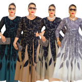 Plus Size African Women Long Sleeve Elegant Print Chiffon Maxi Dress