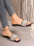 Plus Size women's square toe rhinestone beach sandals beaded flat bottom flip flops slipper