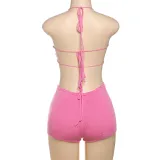 Women Spring Summer knitting Sexy Hollow Solid Halter Neck Lace-Up Backless Cargo Shorts
