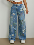 Street fashion printed loose straight wide leg denim trousers