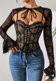 Lace sexy mesh low back long sleeve see-through slim fit women's top