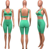 Summer fashionable beach holidays casual ribbed solid color two-piece shorts set