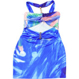 Women Spring Summer Style Contrast Print Sexy Hollow Halter Neck Dress