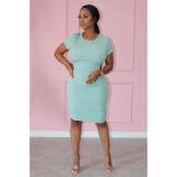 Spring Summer fashionable solid color round neck back hollow midi dress